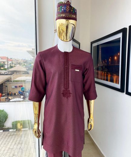 A paisley pattern fabric 3/4 dark cherry red, embroidery patch pocket & front flap, traditional senator native kaftan.