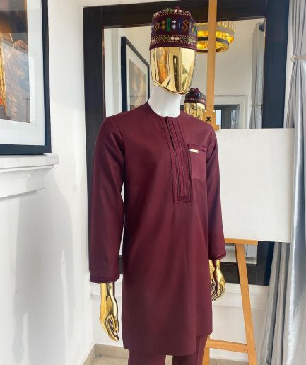 A "Suktan" rose wood burgundy, embroidery patch pocket and front flap, free suit hand sleeve details, African traditional senator native