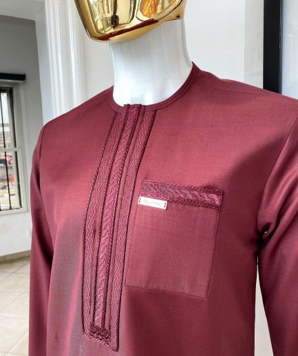 A "Suktan" rose wood burgundy, embroidery patch pocket and front flap, free suit hand sleeve details, African traditional senator native