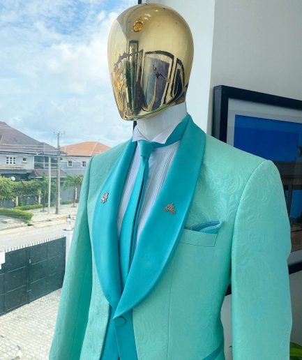 A Turquoise Green Shawl Lapel Floral Jacquard Suit