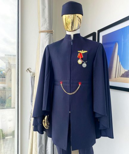 A unisex midnight blue pencil stripe (red)“renaissance” suktan safari traditional wear.
