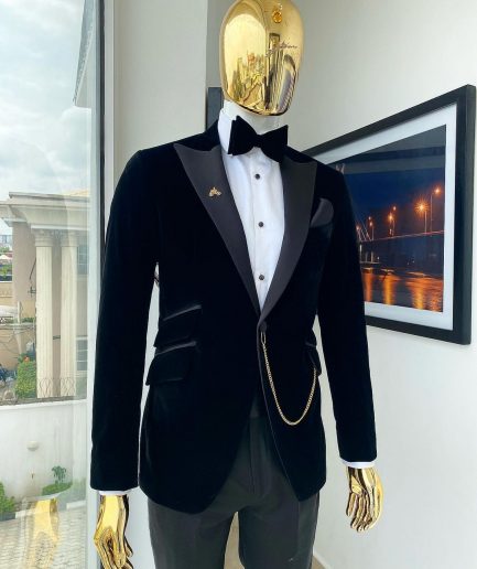 A Charcoal black peak lapel-soaked Italian velvet tuxedo suit