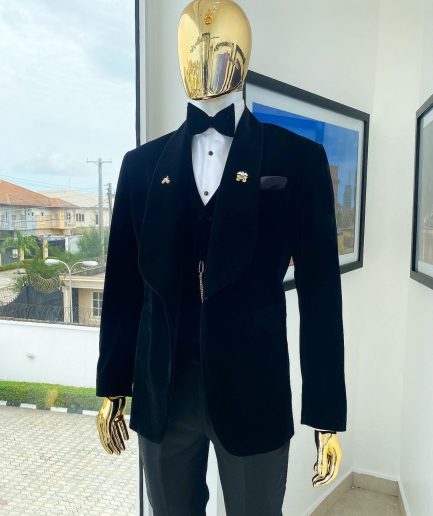 A Charcoal Black Soaked Velvet  Tuxedo Suit