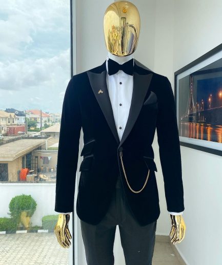 A Charcoal black peak lapel-soaked Italian velvet tuxedo suit