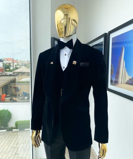 A Charcoal Black Soaked Velvet  Tuxedo Suit