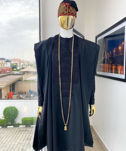 A Monochrome black with connected embroidery Agbada