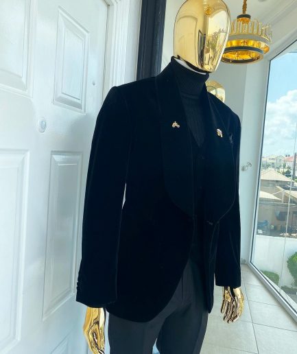 A Charcoal Black, Soaked Velvet Shawl Lapel Tuxedo Suit