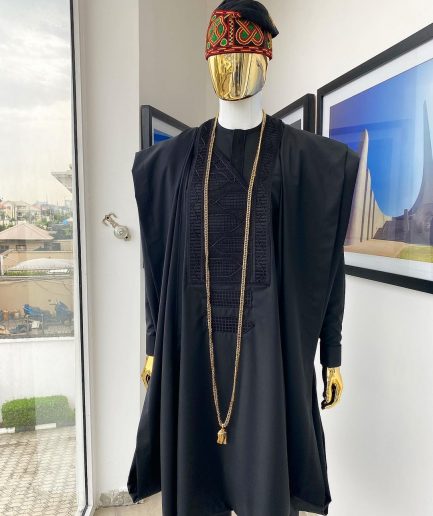 A Monochrome black with connected embroidery Agbada