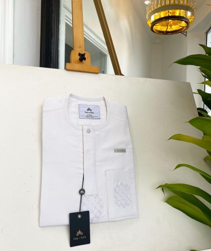 A Bold stripe white, embroidery detailing & 10mm clear view Swarovski button African traditional senator kaftan native.
