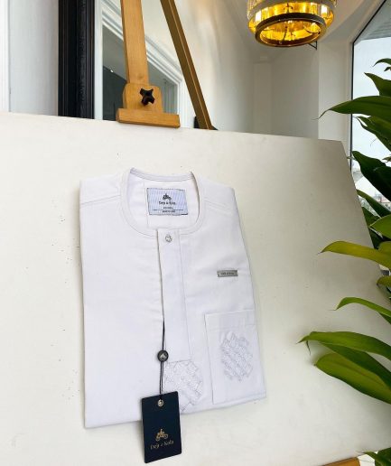 A Bold stripe white, embroidery detailing & 10mm clear view Swarovski button African traditional senator kaftan native.