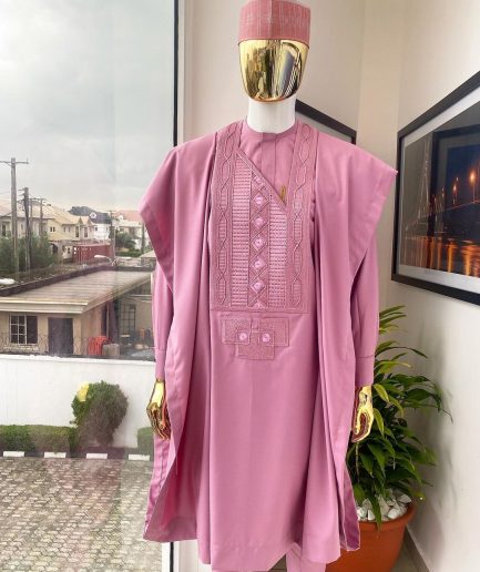 A Ballet Slipper pink connected Embriodery Agbada, buba & sokoto