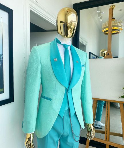A Turquoise Green Shawl Lapel Floral Jacquard Suit