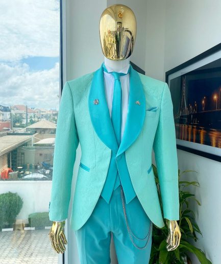 A Turquoise Green Shawl Lapel Floral Jacquard Suit