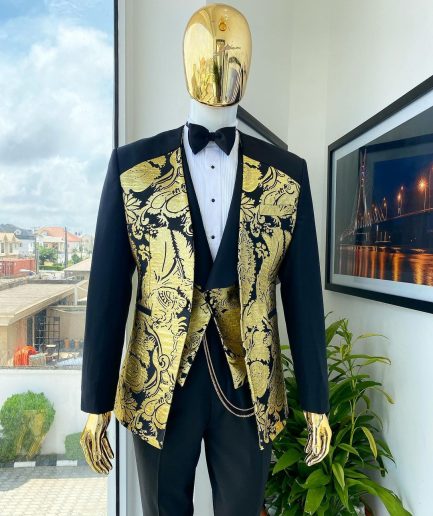 A Mid-mix cut charcoal black and gold floral metallic “Mandarin” lapel-less blazer jacquard suit