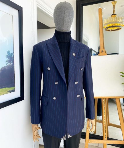A Navy Blue Chalk Stripe Double Breasted Peak Lapel Suit