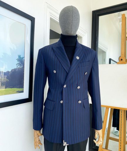 A Navy Blue Chalk Stripe Double Breasted Peak Lapel Suit
