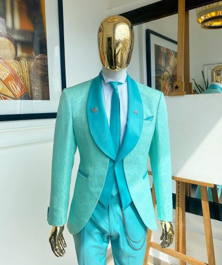 A Turquoise Green Shawl Lapel Floral Jacquard Suit