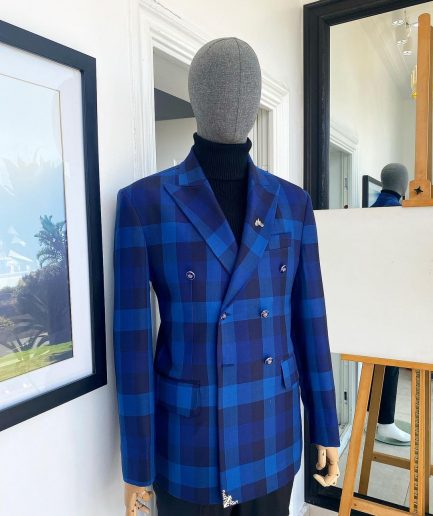 A multicolor shade of blue windowpane check double breasted Peak lapel suit