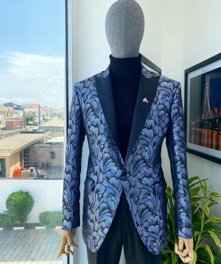 A Peak Lapel, Midnight blue and splash of silver floral metallic “Mandarin” blazer jacquard evening suit