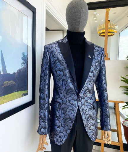 A Peak Lapel, Midnight blue and splash of silver floral metallic “Mandarin” blazer jacquard evening suit