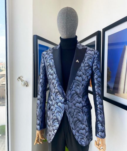A Peak Lapel, Midnight blue and splash of silver floral metallic “Mandarin” blazer jacquard evening suit