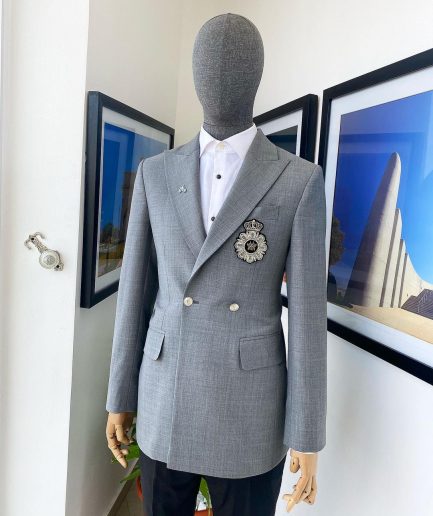 A Cloud Grey Peak Lapel, One button Double Breasted Suit.