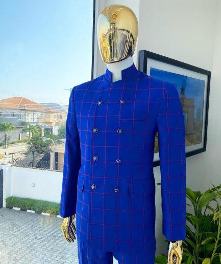 An Ultramarine blue and candy red “preachers” double breasted safari suit