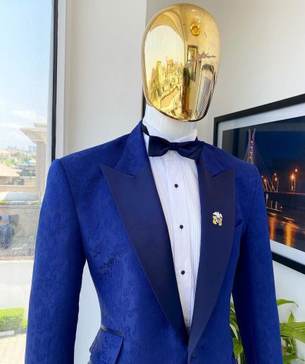 A Navy Blue Floral  Peak Lapel, One Button Jacquard Tuxedo Suit