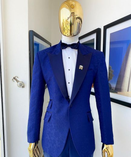 A Navy Blue Floral  Peak Lapel, One Button Jacquard Tuxedo Suit