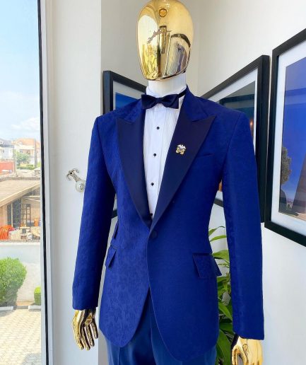 A Navy Blue Floral  Peak Lapel, One Button Jacquard Tuxedo Suit