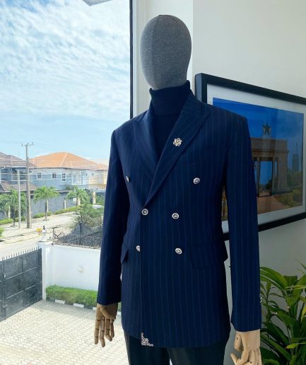 A Navy Blue Chalk Stripe Double Breasted Peak Lapel Suit