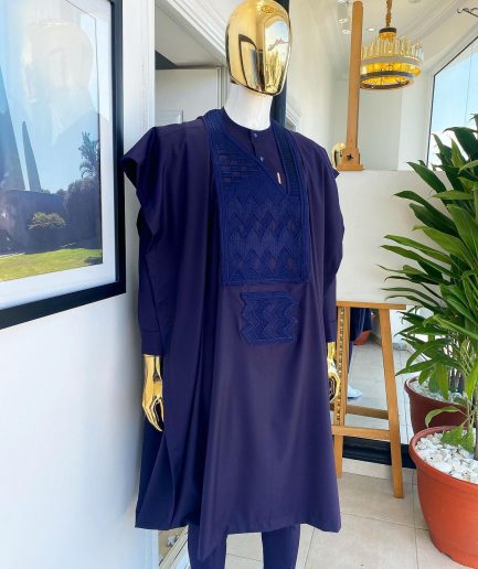 An eggplant purple, wavy level, zigzag embroidery agbada
