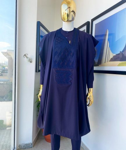 An eggplant purple, wavy level, zigzag embroidery agbada