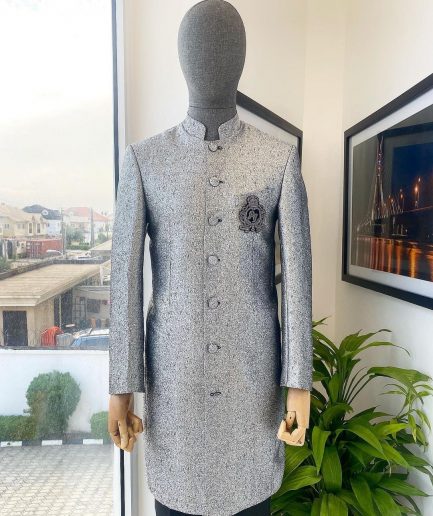 A Dispersed Silver & black metallic jacquard  reloaded “Namaste” Indian Sherwani Traditional wedding safari suit.