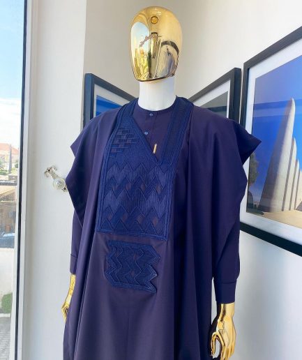 An eggplant purple, wavy level, zigzag embroidery agbada