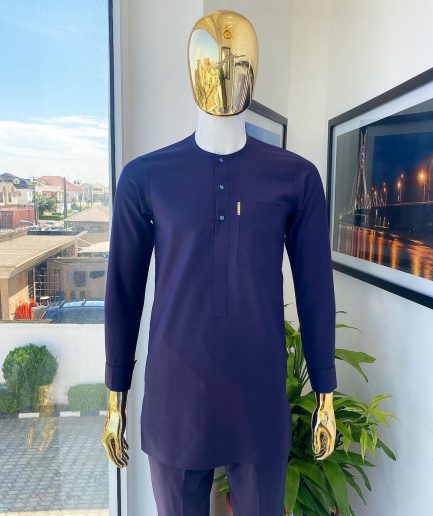 An Eggplant purple, front flap, blue clear view glass Swarovski buttons detailing African traditional senator kaftan native