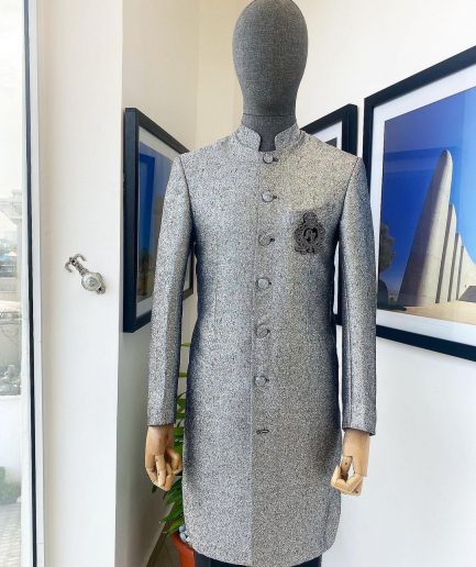 A Dispersed Silver & black metallic jacquard  reloaded “Namaste” Indian Sherwani Traditional wedding safari suit.