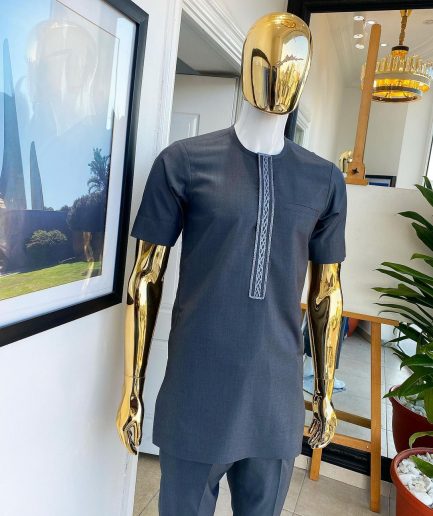 An Anchor grey kaftan, front flap embroidery detailing African traditional senator kaftan native.