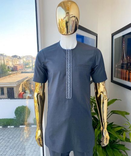 An Anchor grey kaftan, front flap embroidery detailing African traditional senator kaftan native.