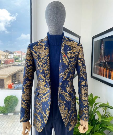 A Notch Lapel Gold And Blue “Mandarin” Jacquard Floral Blazer Suit