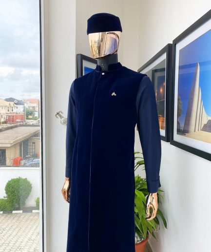A monochrome Midnight blue long senator kaftan, Soaked premium velvet kimono