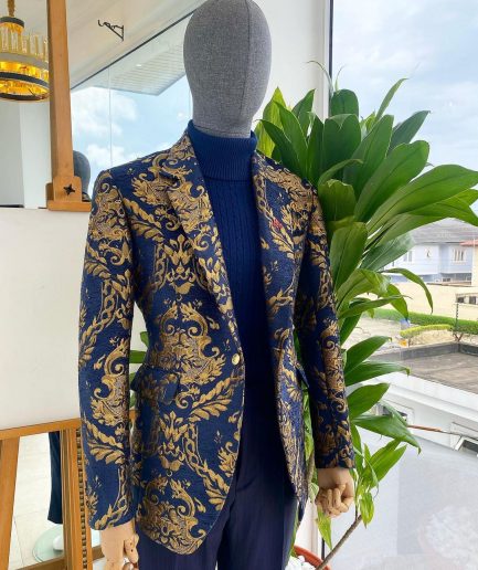 A Notch Lapel Gold And Blue “Mandarin” Jacquard Floral Blazer Suit