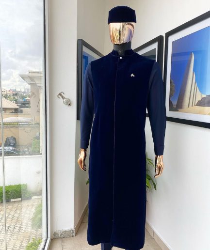 A monochrome Midnight blue long senator kaftan, Soaked premium velvet kimono