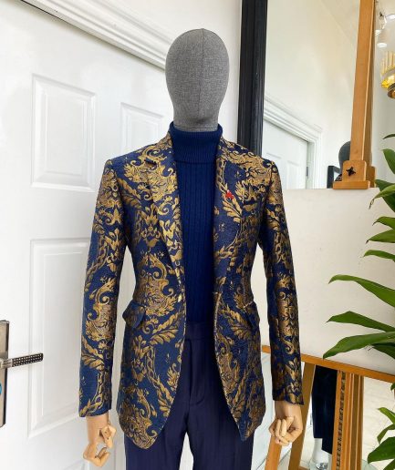 A Notch Lapel Gold And Blue “Mandarin” Jacquard Floral Blazer Suit