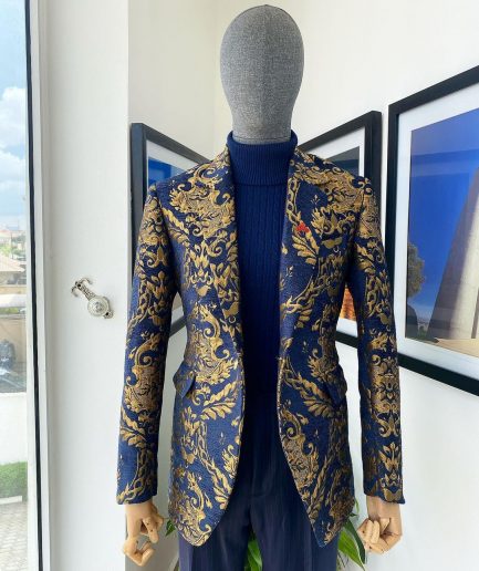 A Notch Lapel Gold And Blue “Mandarin” Jacquard Floral Blazer Suit