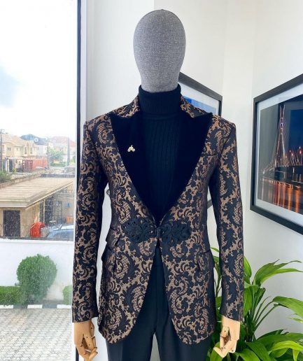 A “Mandarin” Peak Lapel with black soaked Italian velvet, Chinese button suit