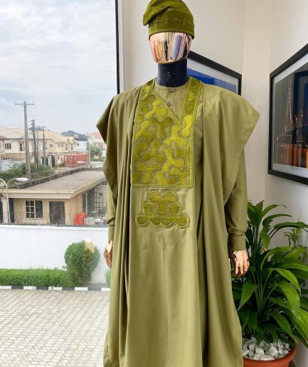 An Olive Green, Geometrical Embroidery Details Agbada