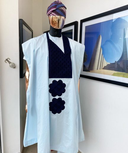 A Light blue, connected square navy blue embroidery Agbada