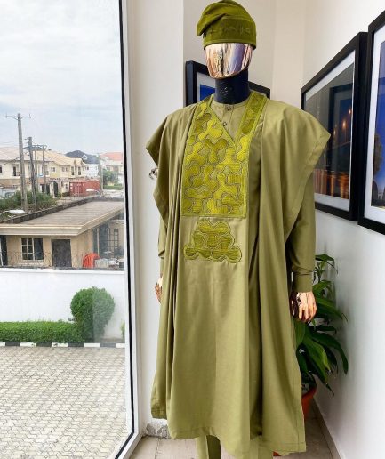 An Olive Green, Geometrical Embroidery Details Agbada