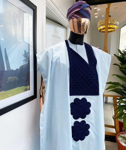 A Light blue, connected square navy blue embroidery Agbada